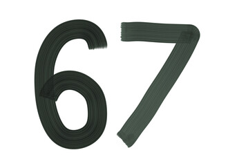 Number Sixty-seven, 67 made with Plaster Rake Brush on transparent background, Digit, Black color, Dark-green color, isolated background, Illustration, Typography, Handmade, Set 0-100