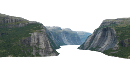 A majestic fjord landscape featuring towering rock cliffs and lush green forests, cut out against a transparent background. background removed