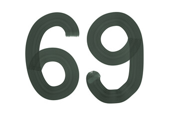 Number Sixty-nine, 69 made with Plaster Rake Brush on transparent background, Digit, Black color, Dark-green color, isolated background, Illustration, Typography, Handmade, Set 0-100