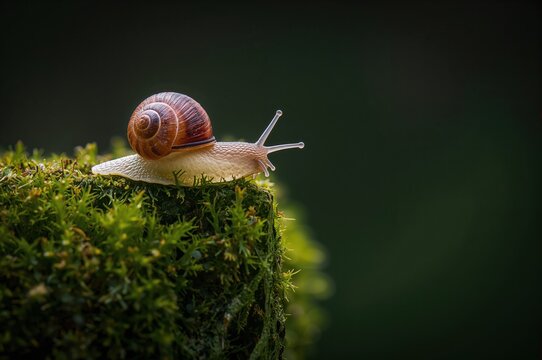 Quiet macro moment caught as a snail glides slowly across a vast mossy edge