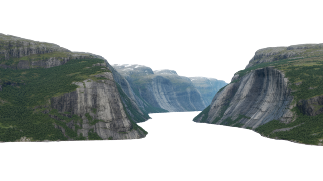 A majestic fjord landscape featuring towering rock cliffs and lush green forests, cut out against a transparent background. background removed - Powered by Adobe
