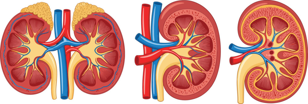Human kidney anatomy vector illustration set showing cross section structure arteries veins and urinary system