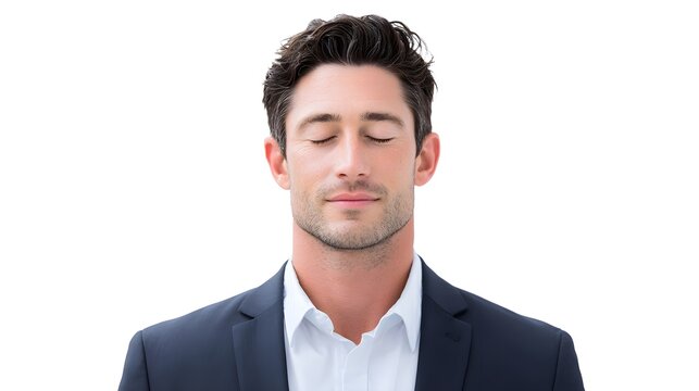 Close up portrait of a thoughtful businessman with his eyes closed suggesting peace relaxation or deep concent n