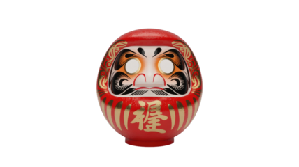A vibrant red Japanese Daruma doll with golden accents and a prominent kanji, representing good luck, perseverance, and goal-setting traditions. background removed
