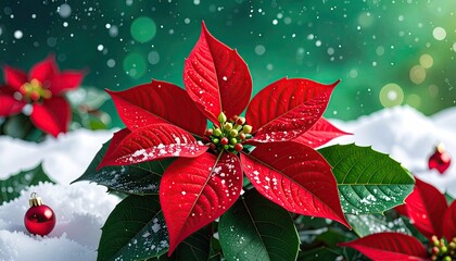 Vibrant red poinsettia flower covered in snow with Christmas ornament and bokeh lights.