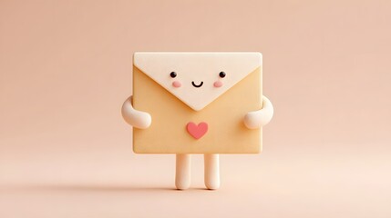 Charming 3D rendering of a whimsical smiling envelope character adorned with a heart presenting a friendly and loving communication symbol