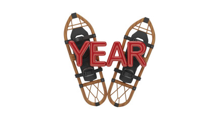 A pair of classic wooden snowshoes with prominent red 3D text spelling 'YEAR' across them, set against a transparent background. background removed