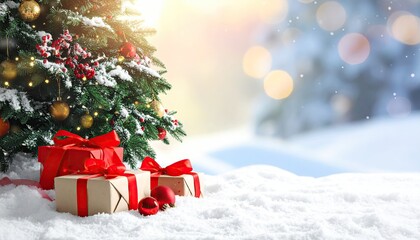 Festive Christmas tree with snow covered branches and red gifts in winter wonderland.
