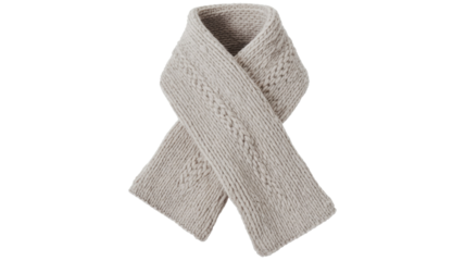 A cozy, light grey knitted scarf with a distinct cable knit pattern, stylishly looped and ready for winter warmth. background removed