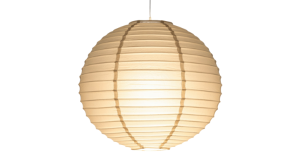 An illuminated oval paper lantern with a ribbed texture and internal supports, emitting soft light against a solid dark transparent background. background removed