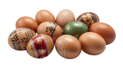 A cluster of plain brown and beautifully decorated Easter eggs with intricate traditional patterns, ready for festive celebrations. background removed