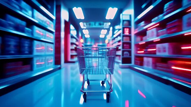 Holiday shopping season. Retail business promotion concept. A blurry image of a supermarket aisle with a shopping cart in the foreground. The shopping cart is the central focus.