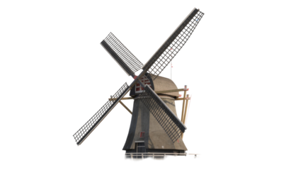 A classic Dutch windmill stands prominently with its iconic sails, featuring traditional architecture isolated against a solid background. background removed