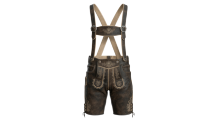 Traditional dark brown leather lederhosen with ornate light-colored embroidery and suspenders, depicting authentic Bavarian folk attire. background removed