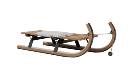 A classic wooden sled with a slatted seat and runners, partially covered in snow, featuring a pull rope and steering mechanism. background removed