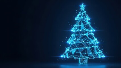 Blue digital plexus Christmas tree with star and lights glowing against a dark holiday