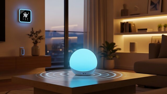 Smart home technology with glowing lamp and thermostat control panel - Powered by Adobe