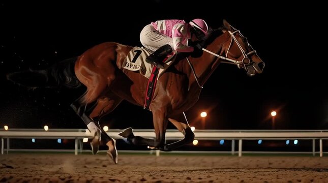 Racehorse in Motion: A dynamic scene of a racehorse and jockey in full stride on a racetrack at night, captured in a photorealistic and fast-paced image.