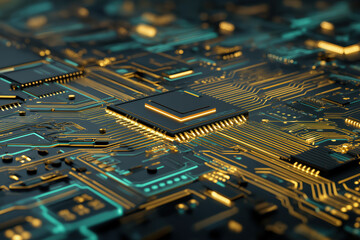 Futuristic motherboard texture with glowing gold and teal circuitry &mdash; high-detail technology background