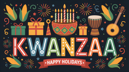 Kwanzaa celebration illustration with kinara gifts corn and musical instruments