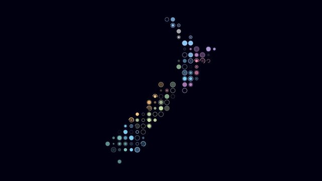New Zealand animated country shape. Pulsating colored dots on the map of the country. Large size circle blocks. Digital style New Zealand map on dark background. Trending animation video.