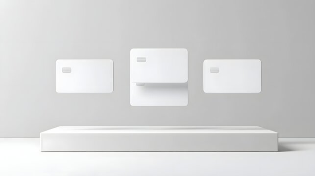 A clean modern studio shot features blank white credit cards floating ically over a white podium representing digital finance business concepts and payment technology