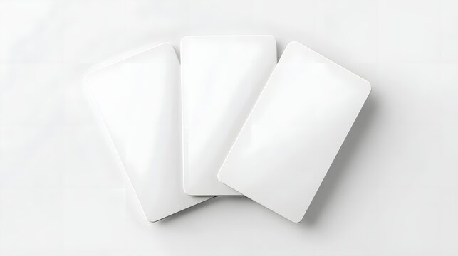 A minimalist overhead view of three identical blank white cards with softly rounded corners presented on a seamless white surface ideal for mockups presentations and custom design concepts - Powered by Adobe