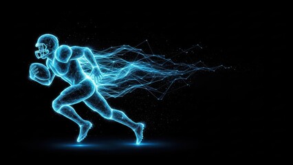 Blue Neon Wireframe Football Player Running with Ball and Trailing Energy Particles