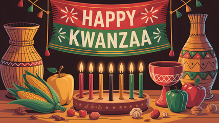 Vibrant kwanzaa celebration still life with candles fruits and decorations