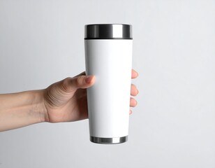 Woman holding a stylish white thermos tumbler cup against plain white background