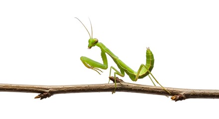 Vibrant Green Praying Mantis Insect Isolated on White Background Branch Macro