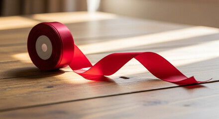 Red ribbon spool with curled ribbon on wooden table in sunlight  