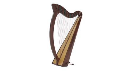 A beautifully crafted wooden harp with intricate strings, showcasing its elegant design. This stringed instrument is ready for musical performance. background removed