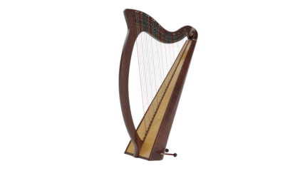 A beautifully crafted wooden harp with intricate strings, showcasing its elegant design. This stringed instrument is ready for musical performance. background removed