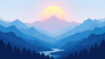 minimalist mountain illustration in blue tones with soft morning sunrise creating serene natural harmony and tranquil landscape scene concept of eco design creative background branding