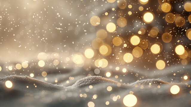 Snowy Winter Background with Golden Bokeh Lights and Falling Snowflakes