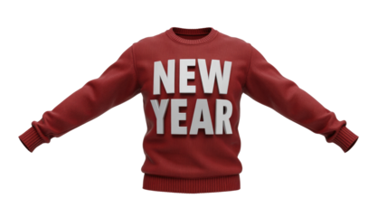 A vibrant red sweater featuring 'NEW YEAR' in bold white 3D letters, perfect for celebrating the festive holiday season. background removed