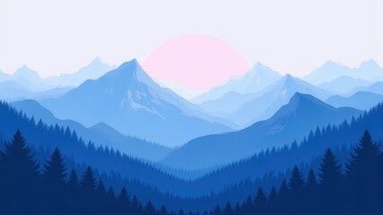 Obraz premium minimalist mountain illustration in blue tones with soft morning sunrise creating serene natural harmony and tranquil landscape scene concept of eco design creative background branding