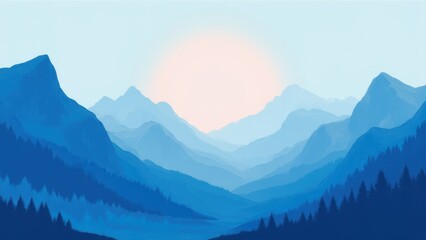 minimalist mountain illustration in blue tones with soft morning sunrise creating serene natural harmony and tranquil landscape scene concept of eco design creative background branding