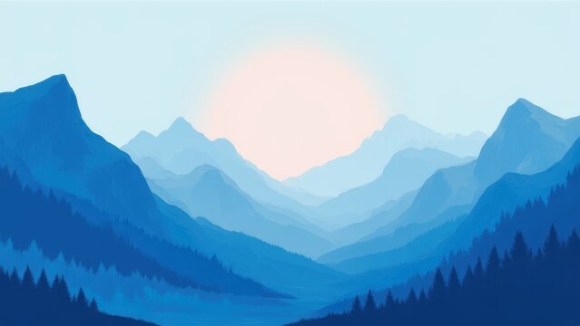 minimalist mountain illustration in blue tones with soft morning sunrise creating serene natural harmony and tranquil landscape scene concept of eco design creative background branding