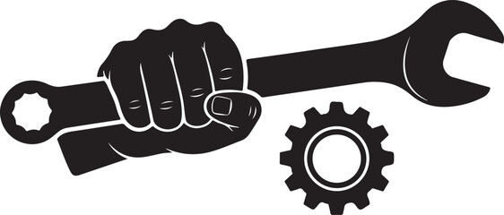 Hand Holding Wrench with Gear on White Background fist tool