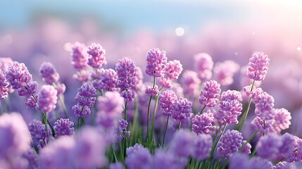 Obraz premium Close up view of blooming lavender stalks in a vast field under soft sunlit skies showcasing their delicate texture and aromatic essence