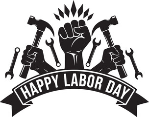 Happy Labor Day banner with fists and tools ribbon