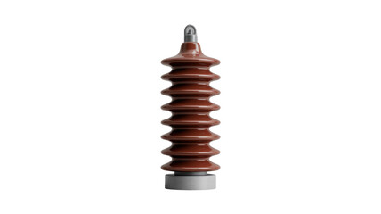 Brown electrical insulator with multiple sheds for high voltage applications. Used in power distribution and transmission lines to prevent current leakage. background removed