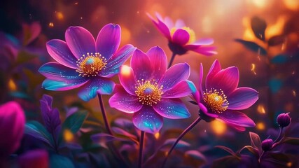 Vibrant closeup of glowing, neon pink and purple fantasy flowers with sparkling details against a warm, bokeh background - Powered by Adobe