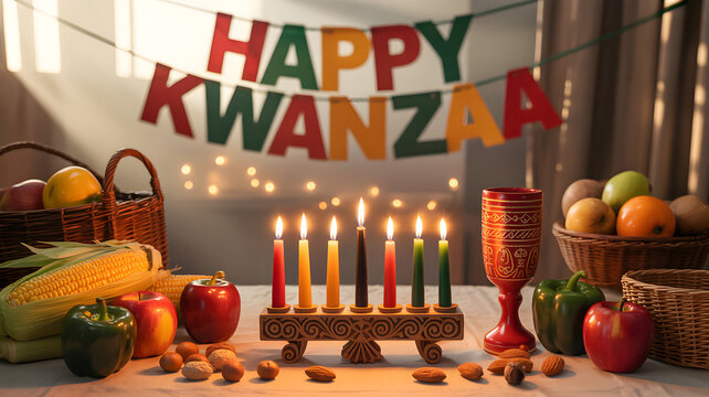 Celebrating kwanzaa kinara with lit candles and festive decorations