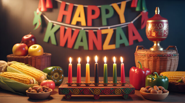 Festive kwanzaa celebration with kinara candles and traditional symbols displayed - Powered by Adobe
