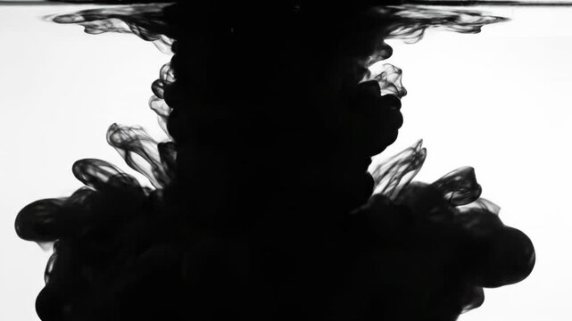 Extreme slow motion close up of swirling black liquid ink dissolving and instantly reforming demonstrating a complex temporal reversal effect order, black liquid ink, zero gravity