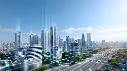 Futuristic urban landscape featuring tall skyscrapers and infrastructure illuminated by abstract digital network lines symbolizing data flow and advanced technological integ n