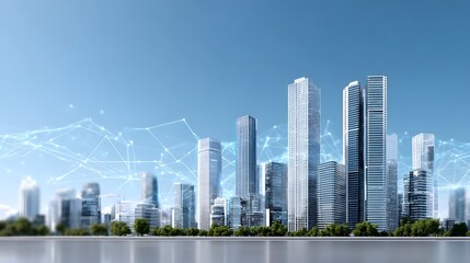 This image captures a modern metropolis skyline with glowing digital network lines connecting skyscrapers highlighting themes of connectivity innovation and smart city development